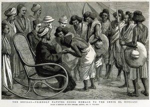 द सौदान: फ्रेंडली नेटिव्स शेख एल मोरगनी को श्रद्धांजलि, &39;द ग्राफिक&39; से, 19 अप्रैल 1884 (उत्कीर्णन) द्वारा फ्रेडरिक विलियर्स