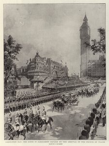 राज्याभिषेक दिवस, वेल्स के राजकुमार के आगमन पर संसद स्क्वायर में दृश्य द्वारा फ़्रेडरिक डी हेनेन