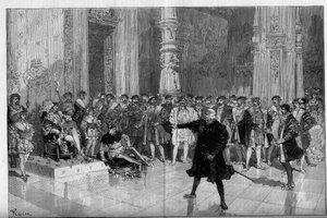 नाट्य प्रस्तुति: विक्टर ह्यूगो (1808-1883) द्वारा "द किंग हैज़ फन"। अधिनियम I दृश्य 5: लौवर में एक कमरा, अभिशाप। किंग फ्रेंकोइस I (Mounet Sully (या Mounet Sully) 1841-1916) और जस्टर ट्रिबौलेट (एडमंड) से पहले एम. डी सेंट वैलियर (सेंट-वैलियर) द्वारा फ़्रेडरिक डी हेनेन