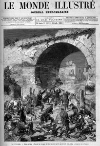 ट्यूनीशिया, जुलाई 1881: ट्यूनीशिया के फ्रांसीसी संरक्षक के खिलाफ निवासियों के विद्रोह के बाद फ्रांसीसी सैनिकों ने स्टैक्स शहर पर कब्जा कर लिया। डी हेनेन द्वारा उत्कीर्णन। 30 जुलाई के "द इलस्ट्रस वर्ल्ड" नंबर 1270 में से एक