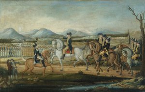 1795 के बाद मैरीलैंड के फोर्ट कंबरलैंड में पश्चिमी सेना की समीक्षा करते हुए वाशिंगटन। द्वारा फ्रेडरिक केमेल्मेयर