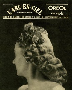 युद्ध के तुरंत बाद फ्रांस में हज्जाम की दुकान और रंगाई; "" L'arc-en-ciel "" का कवर, L'Oreal के उन्नत पाठ्यक्रमों का समाचार पत्र द्वारा फ्रेंच फोटोग्राफर