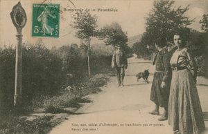फ्रेंको-जर्मन फ्रंटियर की स्मारिका। 1913 में पोस्टकार्ड भेजा गया। द्वारा फ्रेंच फोटोग्राफर