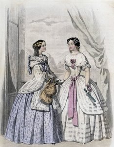 2 फैशनेबल महिलाएं - "" जर्नल डेस डेमोइसेलस "" 1852 में। द्वारा फ्रेंच स्कूल
