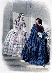 2 फैशनेबल महिलाएं - "" जर्नल डेस डेमोइसेलस "" 1852 में। द्वारा फ्रेंच स्कूल