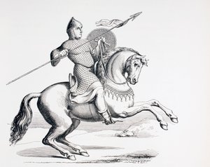 एक नॉर्मन नाइट ने चेन मेल और हेलमेट पहनकर स्पीयर और शील्ड, 1873 को पहना द्वारा फ्रेंच स्कूल