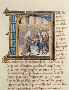 जीन हेनरी, c.1482 द्वारा होटल Dieu de Paris के जीवन की सक्रिय पुस्तक से मरीजों को उपहार प्राप्त करने वाली एक बहन द्वारा फ्रेंच स्कूल