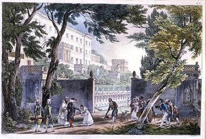 रोम में एक विला, विलेन द्वारा उकेरा गया, c.1820 (कलर लिथो) द्वारा फ्रेंच स्कूल
