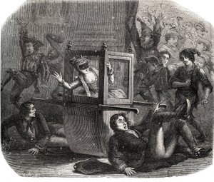 जोकरों का एक बैंड मैरी-थेरेसी (मैरी थेरेसी) ले वासेउर (लेवसेउर) (1721-1801), कार्निवल के लिए एक पोशाक, को व्हीलचेयर में आगे बढ़ने से रोकता है। वह उन पूर्व प्रेमियों में से एक के बदला लेने का शिकार है। 1871 से "हिस्टोइरे डेस कोकस सी" में उत्कीर्णन द्वारा फ्रेंच स्कूल