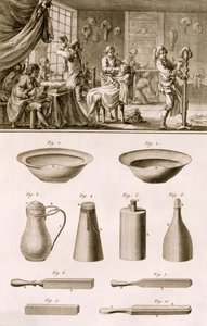 एनसाइक्लोपीडी डेस साइंसेज एट मेटियर्स से डेनिस डाइडरॉट (1713-84) द्वारा नाई और नाई के उपकरण प्रकाशित c.1770 द्वारा फ्रेंच स्कूल