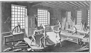 एनसाइक्लोपीड डेस साइंसेज एट मेटियर्स से डेनिस डाइडरॉट (1713-84) द्वारा एक कैबिनेट निर्माताओं की कार्यशाला, 17.170 में प्रकाशित द्वारा फ्रेंच स्कूल