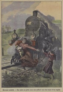 एक दिल दहला देने वाली आत्महत्या: एक माँ ने खुद को और अपने बच्चे को एक एक्सप्रेस ट्रेन के पहियों के नीचे फेंक दिया (कलर लिथो) द्वारा फ्रेंच स्कूल