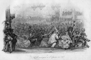 1843 में पेरिस ओपेरा में एक नकाबपोश गेंद। ("" ले कार्निवल "" मार्क-एंटोनी मेडेलीन डेसौगियर्स का गीत) "" में - चांस एट चांस पॉप्यूल्स डे ला फ्रांस - 1843 - एच.- एल। डेलॉय, प्रकाशक, लाइब्रेरी डे गार्नियर। द्वारा फ्रेंच स्कूल