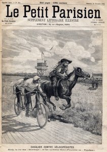 एक सवार ने velocipedists के खिलाफ दौड़ लगाई: विलियम फ्रेडरिक कोडी (1846-1917), जिसे बफ़ेलो बिल के रूप में जाना जाता है, जिसे काउबॉय के राजा और टंडेम में साइकिल चालक गैबी और फोरनियर के रूप में जाना जाता है। 11/26/1893 को "ले पेटिट पेरिसियन" समाचार द्वारा फ्रेंच स्कूल