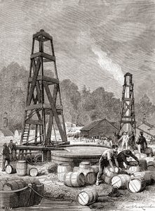 1858 में एलेघेनी नदी, पेनसिल्वेनिया, संयुक्त राज्य अमेरिका में ऑयल क्रीक में पेट्रोलियम का एक स्रोत, एडविन लॉरेंटाइन ड्रेक, उर्फ कर्नल ड्रेक द्वारा खोजा गया, 'लेस मर्वेल्स डे ला साइंस' से, प्रकाशित c.1870 (उत्कीर्णन) द्वारा फ्रेंच स्कूल