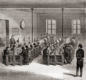 पेरिस, फ्रांस में एक टेलीग्राफ स्टेशन c.1870, Les Merveilles de la Science से, प्रकाशित c.1870 (उत्कीर्णन) द्वारा फ्रेंच स्कूल