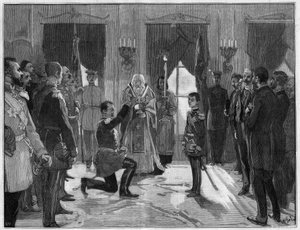 सर्बिया के राजा मिलान प्रथम का त्याग (1854-1901), 7 मार्च 1889: पूर्व राजा ने अपने बेटे, सर्बिया के सिकंदर प्रथम (1876-1903) के प्रति आज्ञाकारिता और निष्ठा की शपथ ली, जिसके लिए उसने अभी-अभी त्याग किया है। 2 मार्च के "" ले मोंडे इलस्ट्र्रे "& द्वारा फ्रेंच स्कूल