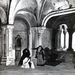 एक्ट IV, डेबसी द्वारा पेलिस एट मेलिसंडे का दृश्य 2, अप्रैल में पहली बार उत्पादन की एक तस्वीर से, ओपेरा में पेरिस में ओपेरा का 1902, थिएटर पत्रिका में चित्रण, जून 1902 द्वारा फ्रेंच स्कूल