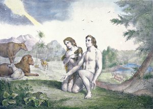 अदन और ईडन गार्डन में ईव, 19 वीं सदी के उत्तरार्ध (रंग उत्कीर्णन) द्वारा फ्रेंच स्कूल