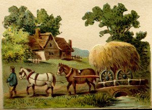 विज्ञापन क्रोमोलिथोग्राफ, एक ग्रामीण दृश्य को चित्रित करते हुए, एक किसान के नेतृत्व में दो घोड़े पुआल की गाड़ी खींचते हुए द्वारा फ्रेंच स्कूल