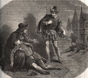 फ्रांस के राजा हेनरी III (1551-1589) का एक दूत 1582 में रोम की सड़कों पर मरता हुआ पाया गया था। उसने राजा से अपनी बहन, मार्गुराइट डी वालोइस (1553-1615) के बारे में एक समझौता संदेश दिया, जिसे क्वीन मार्गोट के नाम से जाना जाता है। . 1871 से उत्कीर्णन " द्वारा फ्रेंच स्कूल