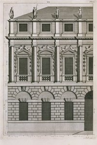 बर्नार्ड पिकार्ट (1673-1733) c.1716 द्वारा उत्कीर्ण पल्लडियन अनुपातों का प्रदर्शन करते हुए वास्तुशिल्प डिजाइन द्वारा फ्रेंच स्कूल