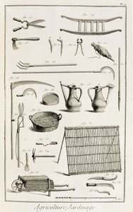 डेनिस डाइडेरोट (1713-84) द्वारा एनसाइक्लोपी डेस साइंसेज एट मेटियर्स से बागवानी उपकरणों का वर्गीकरण प्रकाशित किया गया है। c.1770 द्वारा फ्रेंच स्कूल