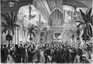 समाचार पत्र "" ले फिगारो "" का भोज, 6 फरवरी, 1864 को पेरिस में रेस्तरां डु पैसेज डेस प्रिंसेस के रहने वाले कमरे में दिया गया, जिसमें पत्रकारों, लेखकों, कलाकारों ने भाग लिया ... मौजूद हैं, बाएं से दाएं: नेस्टर रोकेप्लान, ममे उगाल्डे, मों द्वारा फ्रेंच स्कूल