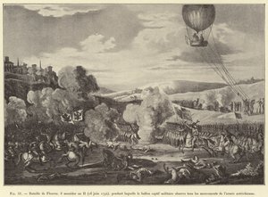 फ्लेरस की लड़ाई, 8 मेसीडोर वर्ष II (26 जून, 1794), जिसके दौरान सैन्य बंदी गुब्बारा ऑस्ट्रियाई सेना (उत्कीर्णन) के सभी आंदोलनों को देखता है। द्वारा फ्रेंच स्कूल