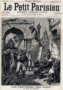 समुद्र तट से त्रस्त भारत, ब्लैक डेथ अनुबंधित करने से पहले महामारी की चपेट में आने वाले निवासी। अंग्रेजी अखबार ले पेटिट पेरिसियन का फ्रंटपेज। 24 जनवरी द्वारा फ्रेंच स्कूल