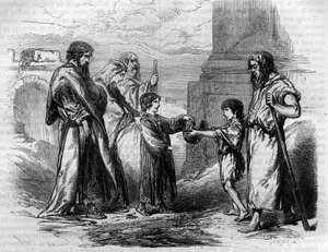Belisaire (v.500-565) जस्टिनियन के आदेश से अंधा और भीख माँगता है, जिसे उसने सोना और बिक्री की भूमि दी थी। मौरिस लाचत्रे द्वारा "हिस्टोइरे डेस पेप्स-रोइस-क्वीन एंड एम्पीयरर्स ए ट्रैवर्स लेस सेंचुरी" में उत्कीर्णन द्वारा फ्रेंच स्कूल