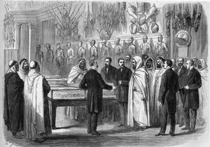 बेन माही एड दीन अब्द अल कादर (अब्द अल-कादर) (1808 - 1883) अल्जीरियाई अमीर 18 जुलाई को आर्टिलरी संग्रहालय का दौरा कर रहे हैं द्वारा फ्रेंच स्कूल