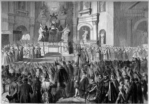 पोप पायस IX (1792-1878) द्वारा रोम में सेंट पीटर के चर्च के पुलाव की वेदी की बहाली के बाद आशीर्वाद। 1656 और 1658 के बीच जियानलोरेंजो बर्निनी (बर्निनिक) द्वारा निर्मित वेदी द्वारा फ्रेंच स्कूल