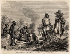 ब्लैकस्मिथ के पास फ़ौटा जालोन (सेनेगल) में काम है, जो हैडामार्ड द्वारा चित्रित किया गया है, जो 1860 में फ़ौटा जालोन के लिए लेफ्टिनेंट लैम्बर्ट की यात्रा को चित्रित करने के लिए है। 1861 में "ले टूर डू मोंडे" में उत्कीर्णन। सेल्वा का संग्रह। द्वारा फ्रेंच स्कूल