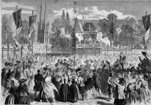नेपोलियन III (1808-1873) और इंप्रेस यूजनी (1826-1920) की उपस्थिति में क्विम्पर (फिनिस्टेरे, 29) में युद्ध के मैदान पर ब्रेटन बॉल। 28 अगस्त के n°72 "" ले मोंडे इलस्ट्र्रे" में उत्कीर्णन द्वारा फ्रेंच स्कूल