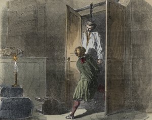 कैलास मामला: १३ अक्टूबर १७६१ को, मार्क एंटोनी कैलस टूलूज़ में पारिवारिक बुटीक में फांसी पर लटका हुआ पाया गया - आर्मंड फौक्वियर (1817-18?) 1858-1867 - निजी संग्रह द्वारा "" कॉज़ सेलेब्रेस डे टूस लेस पीपल्स "" में उत्कीर्णन - निजी संग्रह द्वारा फ्रेंच स्कूल