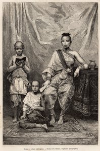 कंबोडियाई महिला और बच्चे, 1872 में डॉक्टर मोरिस द्वारा डी.मैलार्ट द्वारा कोचीन की यात्रा को चित्रित करते हुए एक चित्र के बाद उत्कीर्णन, एडौर्ड चार्टन, हैचेट संस्करण, पेरिस द्वारा संपादित "" ले टूर डू मोंडे "" 1875 में प्रकाशित हुआ। सेल् द्वारा फ्रेंच स्कूल
