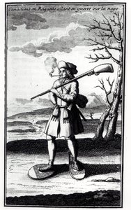 स्नोशो के साथ कनाडाई बर्फ पर युद्ध के लिए जा रहे हैं, 1753 में प्रकाशित बेकेविले डी ला पोथेरी (1663-1736) द्वारा हिस्टायर डी लअमेरिक सेपेंट्रियनेल द्वारा फ्रेंच स्कूल