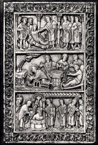 सेंट रिमिगियस (c.437-533) के जीवन और क्लोविस I (465-511) के बपतिस्मा के दृश्यों को दर्शाने वाले पुस्तक कवर के लिए नक्काशीदार पट्टिका द्वारा फ्रेंच स्कूल
