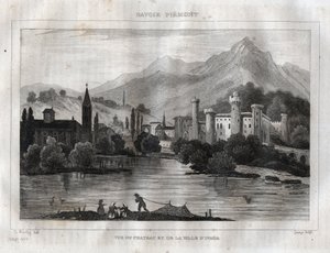 इव्रिया का किला - कैस्टेलो डि इव्रिया - एम. डी नॉरविंस द्वारा "" सुरम्य इटली "" से उत्कीर्णन, च। नोडियर 1834-1836। द्वारा फ्रेंच स्कूल