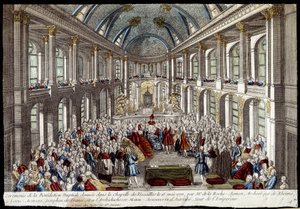 16 मई 1770 को फ्रांस के डॉल्फ़िन (लुई सोलहवें) और ऑस्ट्रिया की मैरी एंटोनेट द्वारा लुई अगस्टे द्वारा वर्साय के चैपल में दिए गए दुल्हन के आशीर्वाद का समारोह - उत्कीर्णन द्वारा फ्रेंच स्कूल