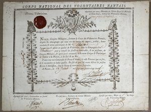 नांते के स्वयंसेवकों के राष्ट्रीय संरक्षक के लिए प्रवेश का प्रमाण पत्र, 1789 द्वारा फ्रेंच स्कूल
