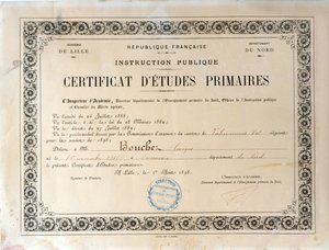 प्राथमिक शिक्षा का प्रमाणपत्र, अकादेमी डी लिले, 1898 (कागज पर स्याही) द्वारा फ्रेंच स्कूल