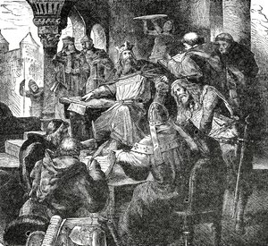 आचेन में अपने पैलेस स्कूल के विद्यार्थियों और शिक्षकों के साथ शारलेमेन, c.1890 द्वारा फ्रेंच स्कूल