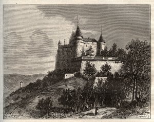 Chateau de Mercues - Cahors - VA माल्ट-ब्राउन द्वारा "ला फ्रांस चित्रण: भूगोल, इतिहास, सांख्यिकीय प्रशासन" में उत्कीर्णन। १८८४ द्वारा फ्रेंच स्कूल