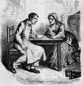क्रिस्टोफ़ और मोटा सिल्वी: नाश्ता करने वाले नौकर। 19वीं सदी के मध्य में उत्कीर्णन। होनोर डी बाल्ज़ाक (1799-1850) द्वारा "द फादर गोरियोट" के लिए चित्रण। द्वारा फ्रेंच स्कूल