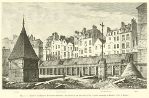 सेंट-इनोसेंट के कब्रिस्तान और बड़े पैमाने पर कब्रों, rue aux Fers, 1780 के किनारे, बर्नियर, कोल ए लेनोर द्वारा एक ड्राइंग के बाद। द्वारा फ्रेंच स्कूल