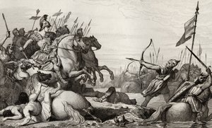 क्लोडियन, द हेयरी (c.428-47) कोलारस के &39;हिस्टोइरे डी फ्रांस&39; से एसेटियस द्वारा अपनी हार के बाद ब्रिज के पार रिट्रीट करता है, c.1840 प्रकाशित द्वारा फ्रेंच स्कूल