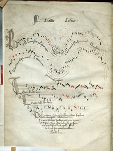 गाथागीत, मोटेट्स और गीतों का संग्रह बॉड कॉर्डियर (1380-1440) द्वारा काले और नीले लाल नोटों के साथ संगीत पृष्ठ, 15 वीं शताब्दी की शुरुआत के लिए शीट संगीत। चान्तिली, कोंडे संग्रहालय द्वारा फ्रेंच स्कूल