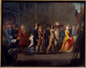 Commedia dell'Arte: "" इटालियन कॉमेडी के उन्मूलन के बाद कॉमेडियन की बर्खास्तगी"" किंग लुई XIV ने सीधे निर्देशित नाटक "" द फॉल्स प्रूड "" के लिए 4/05/1697 को प्राचीन इतालवी कॉमेडी के थिएटर को बंद कर दिया। फ्रेंकोइ द्वारा फ्रेंच स्कूल